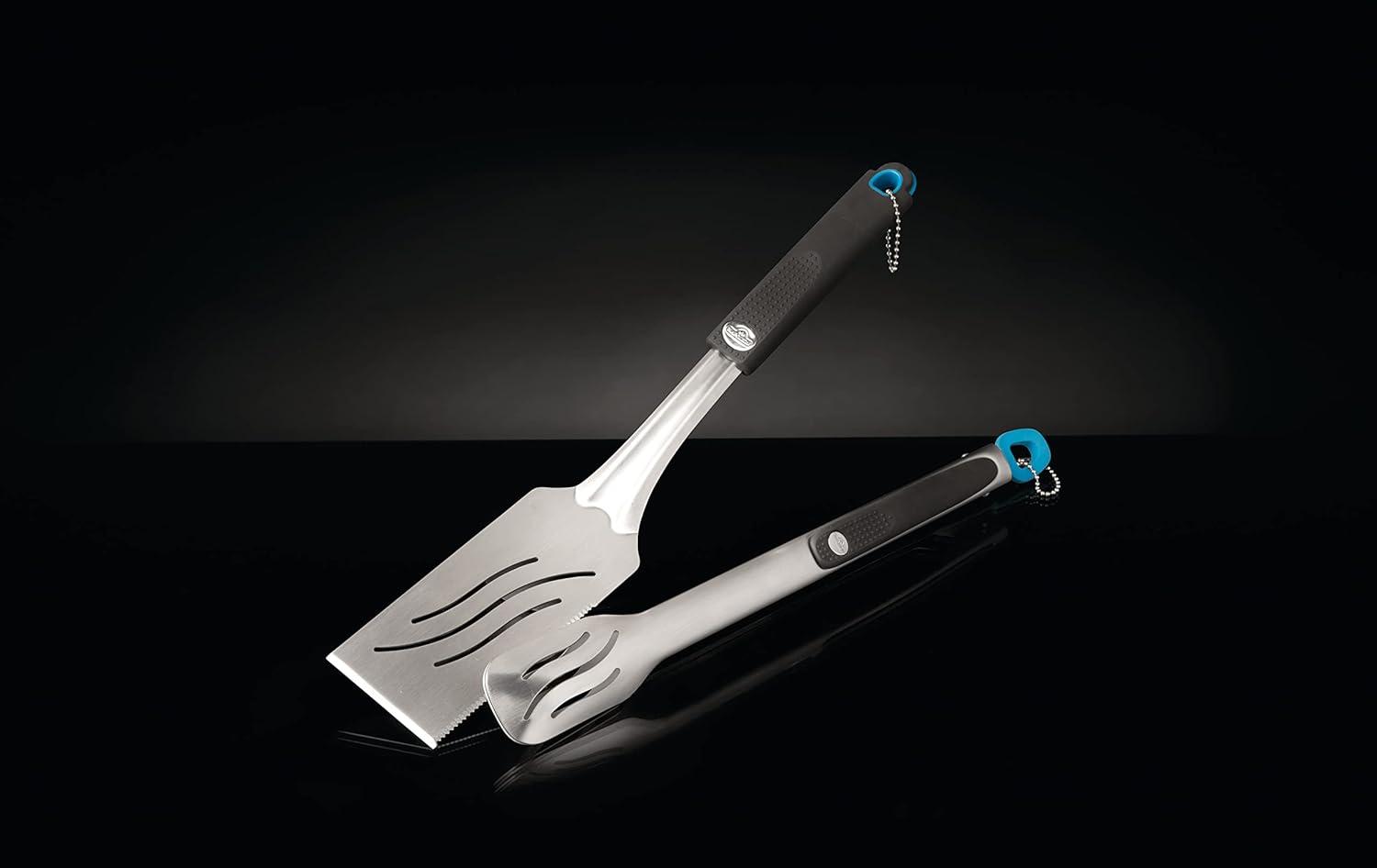 image:imageNapoleon 2 Piece Grilling Toolset Stainless Steel Ergonomic Handles Heat Safe Rubber Grip Includes Tongs Extra Long Multifunctional Spatula Detatchable Hanging Loops