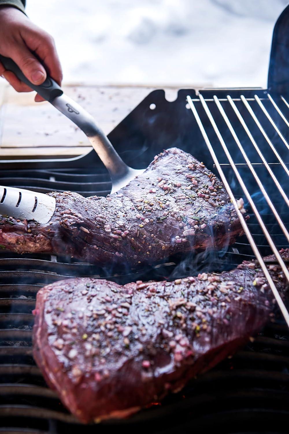 image:imageNapoleon 2 Piece Grilling Toolset Stainless Steel Ergonomic Handles Heat Safe Rubber Grip Includes Tongs Extra Long Multifunctional Spatula Detatchable Hanging Loops