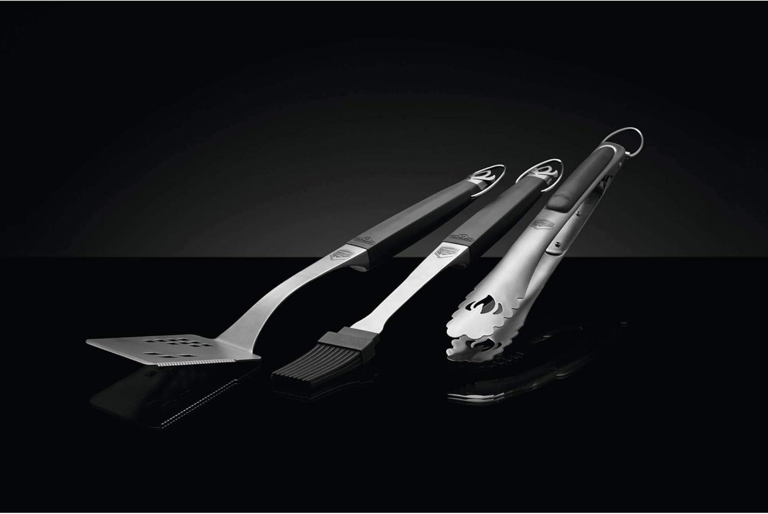 image:imageNapoleon Accessory 70036 Executive 3 Piece Toolset Premium BBQ Grill Toolset Cast Stainless Steel Ergonomic Handles Heat Safe Rubber Grip Includes Tongs Multifunctional Spatula Basting Brush