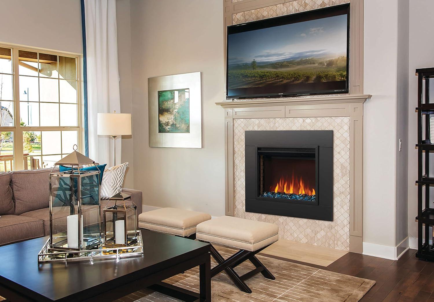 image:imageNapoleon Cineview 26 NEFB26H Builtin Electric Fireplace 26in Black Glass Front Glass Crystal Ember Bed Optional Burnt Oak Logs 3 Flame Colors 7 Ember Bed ColorsBlack