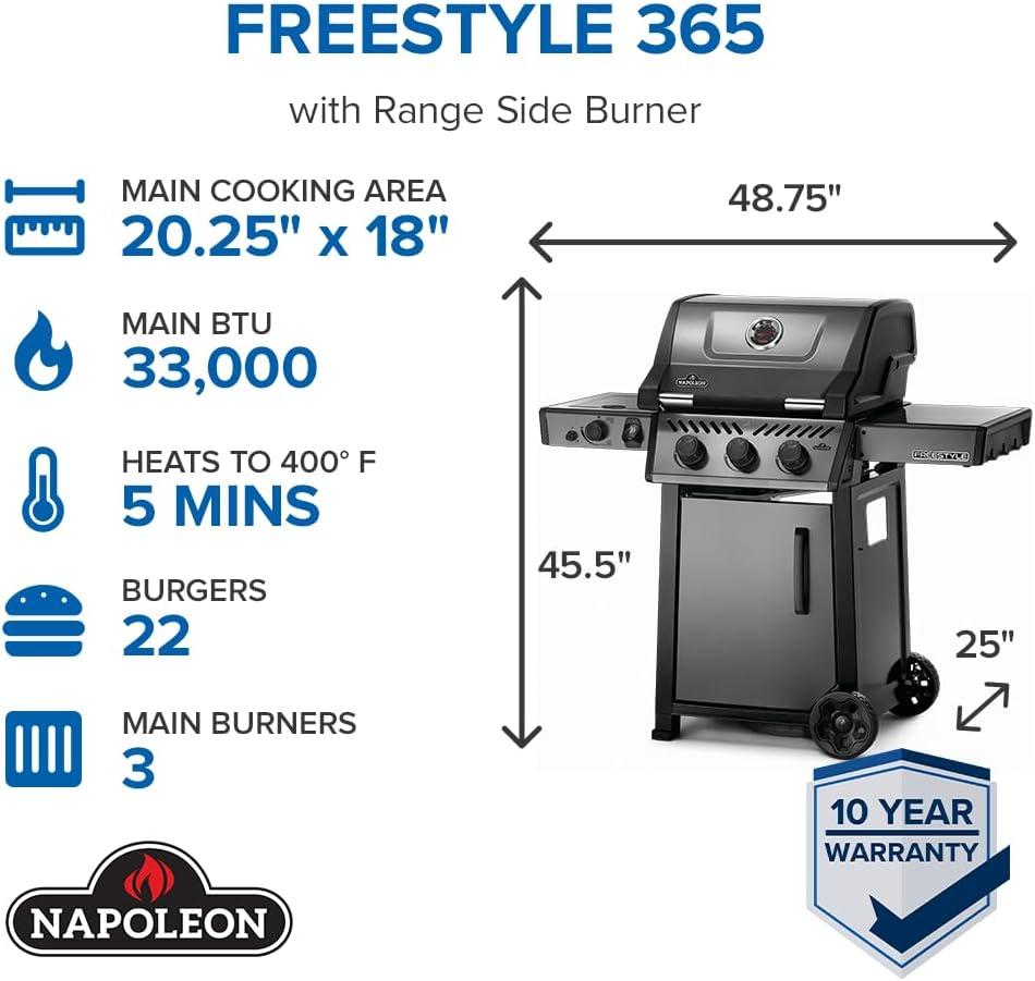 image:imageNapoleon Freestyle 365 Propane Gas Outdoor Grill with Range Side Burner Graphite Grey 4Burner BBQ for Versatile Cooking