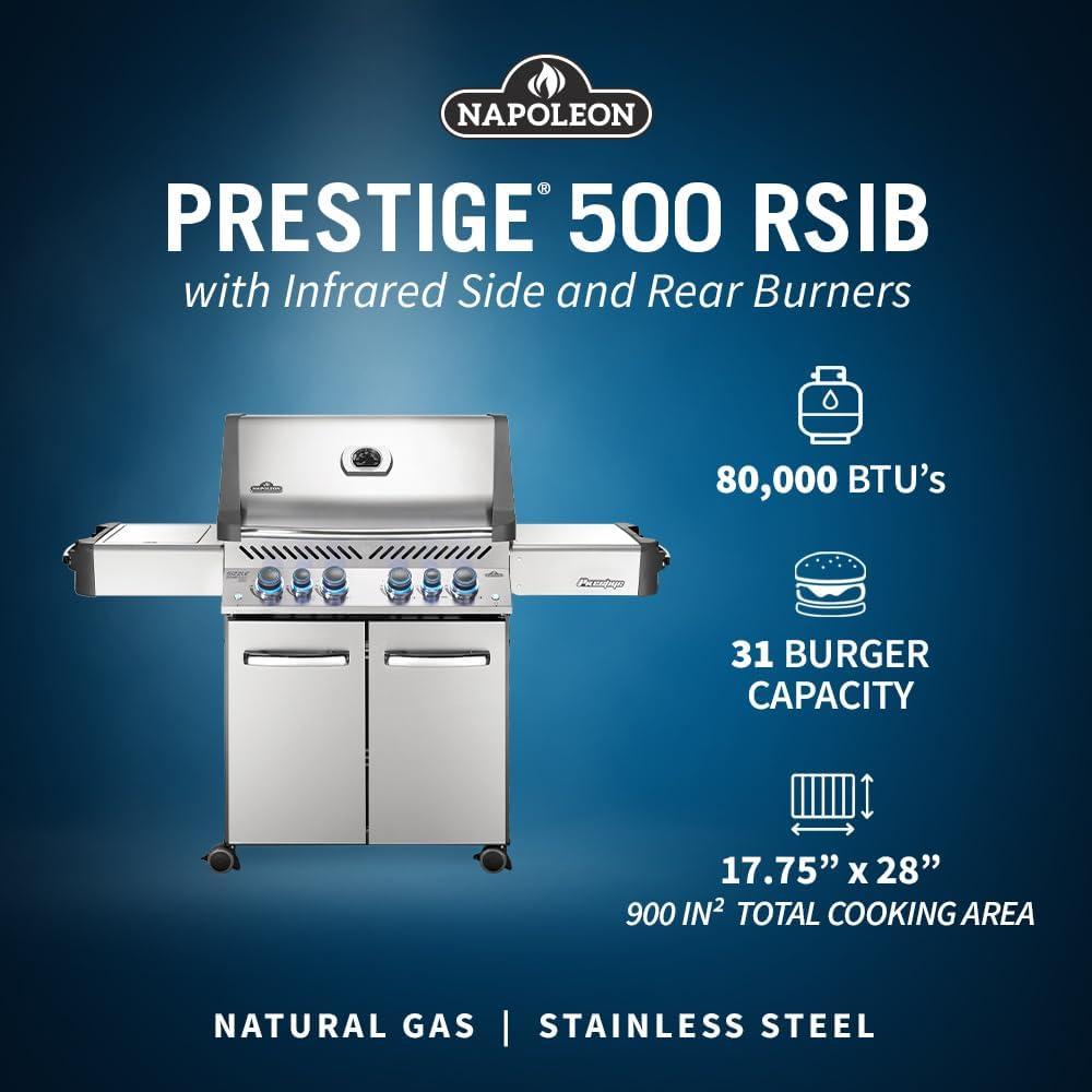 image:imageNapoleon P500RSIBNSS3 Prestige 500 RSIB Natural Gas Grill sq in Infrared Side and Rear Burner Stainless Steel