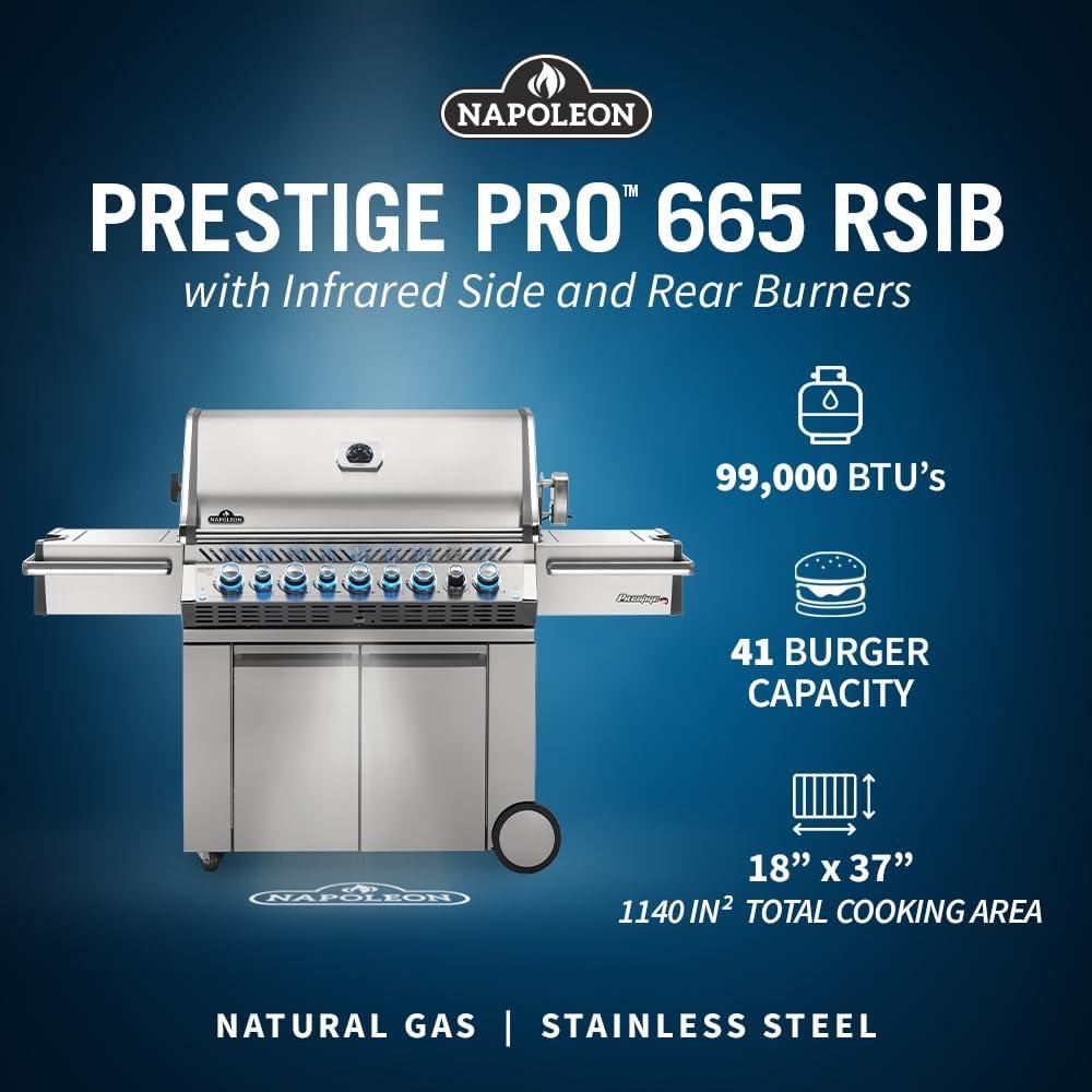 image:imageNapoleon PRO665RSIBNSS3 Prestige PRO RSIB Natural Gas Grill 665 sqin Infrared Side and Rear Burners Stainless Steel