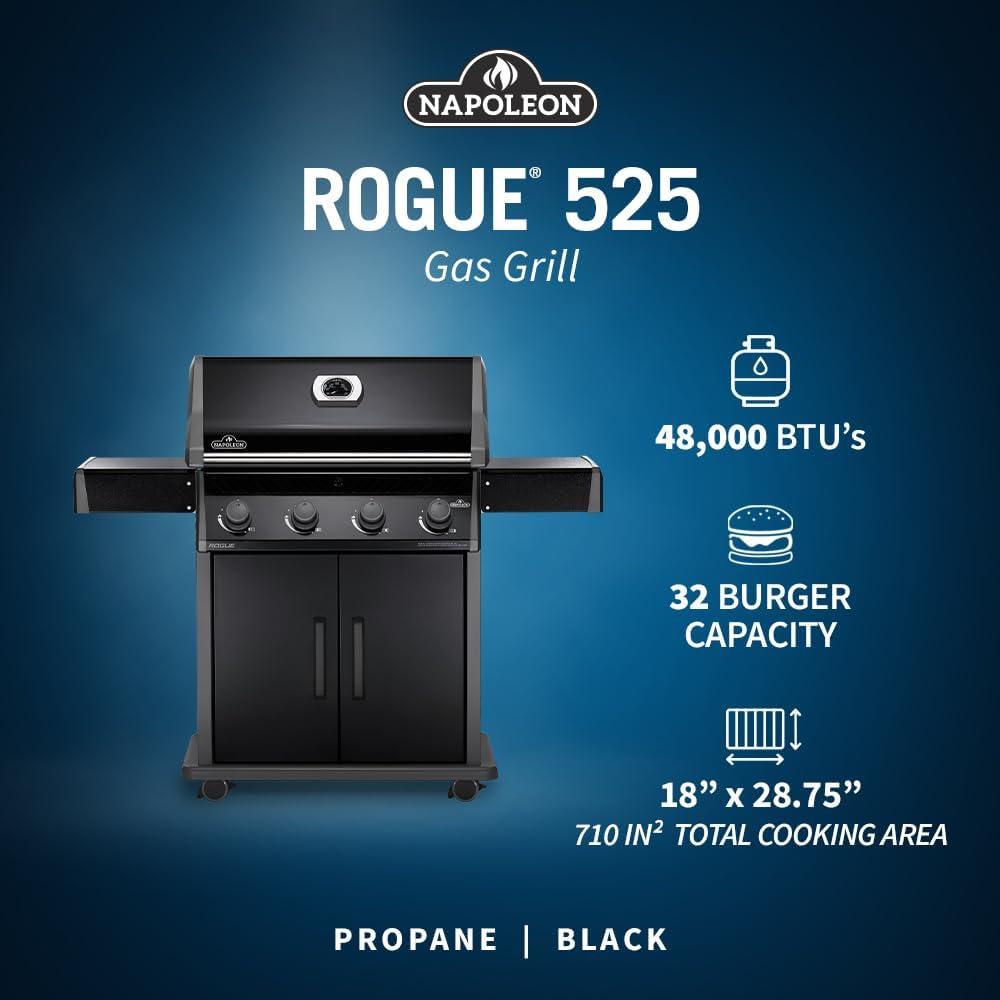 image:imageNapoleon Rogue 525 BBQ Grill Black Propane Gas R525PK1 With Four Burners Barbecue Gas Cart Folding Side shelves Instant Failsafe Ignition