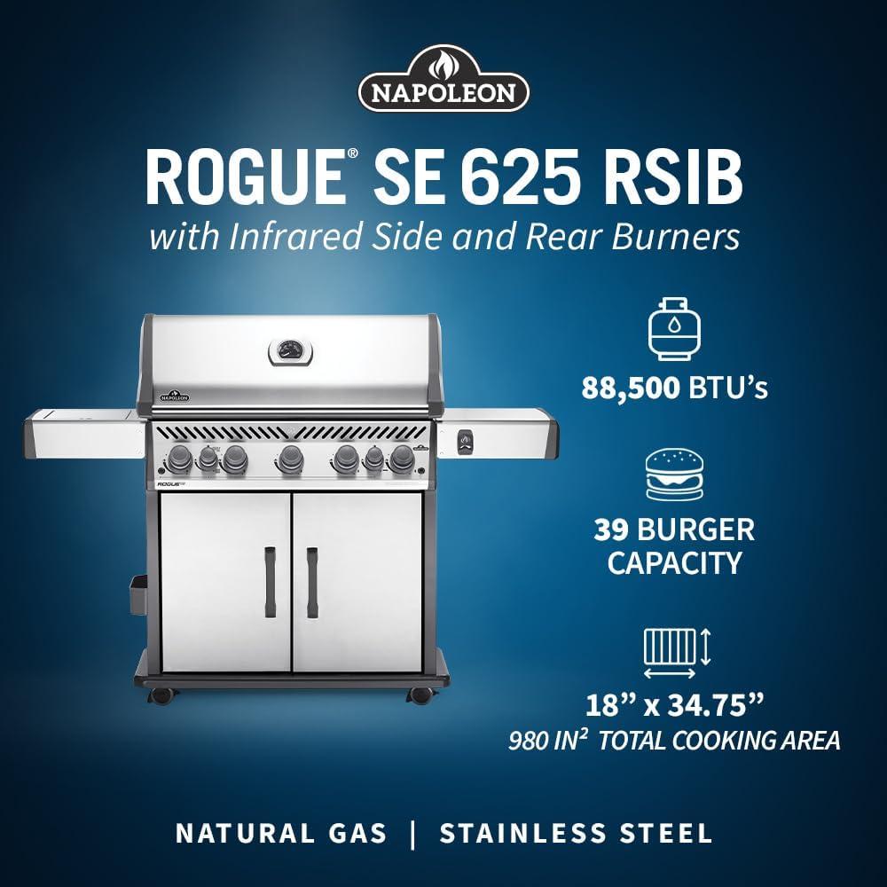 image:imageNapoleon Rogue SE 625 BBQ Grill Stainless Steel Natural Gas RSE625RSIBNSS1 With Five Main Burners Infrared Rear And Side Burner Folding Side Shelves Instant Failsafe Ignition