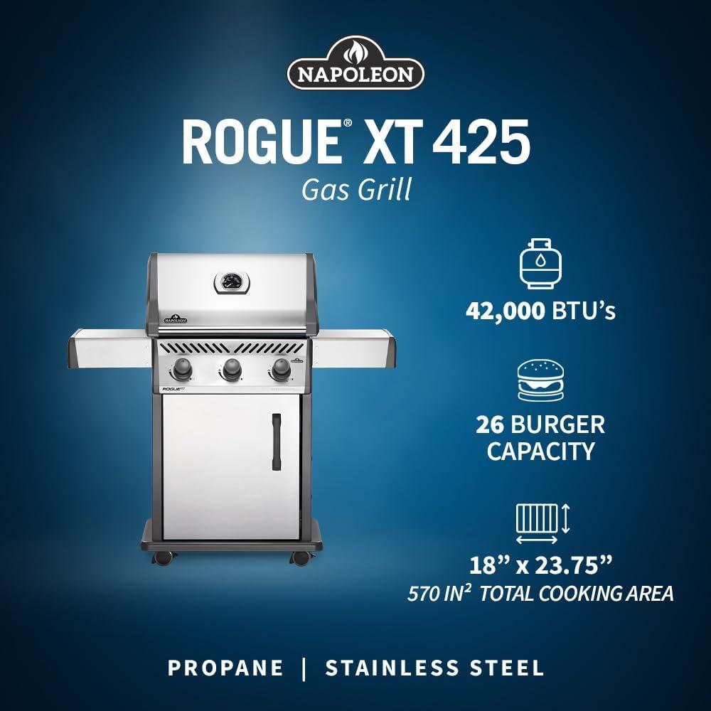 image:imageNapoleon Rogue XT 425 BBQ Grill Stainless Steel Propane Gas RXT425PSS1 With Three Burners Barbecue Gas Cart Folding Side Shelves Instant Failsafe Ignition