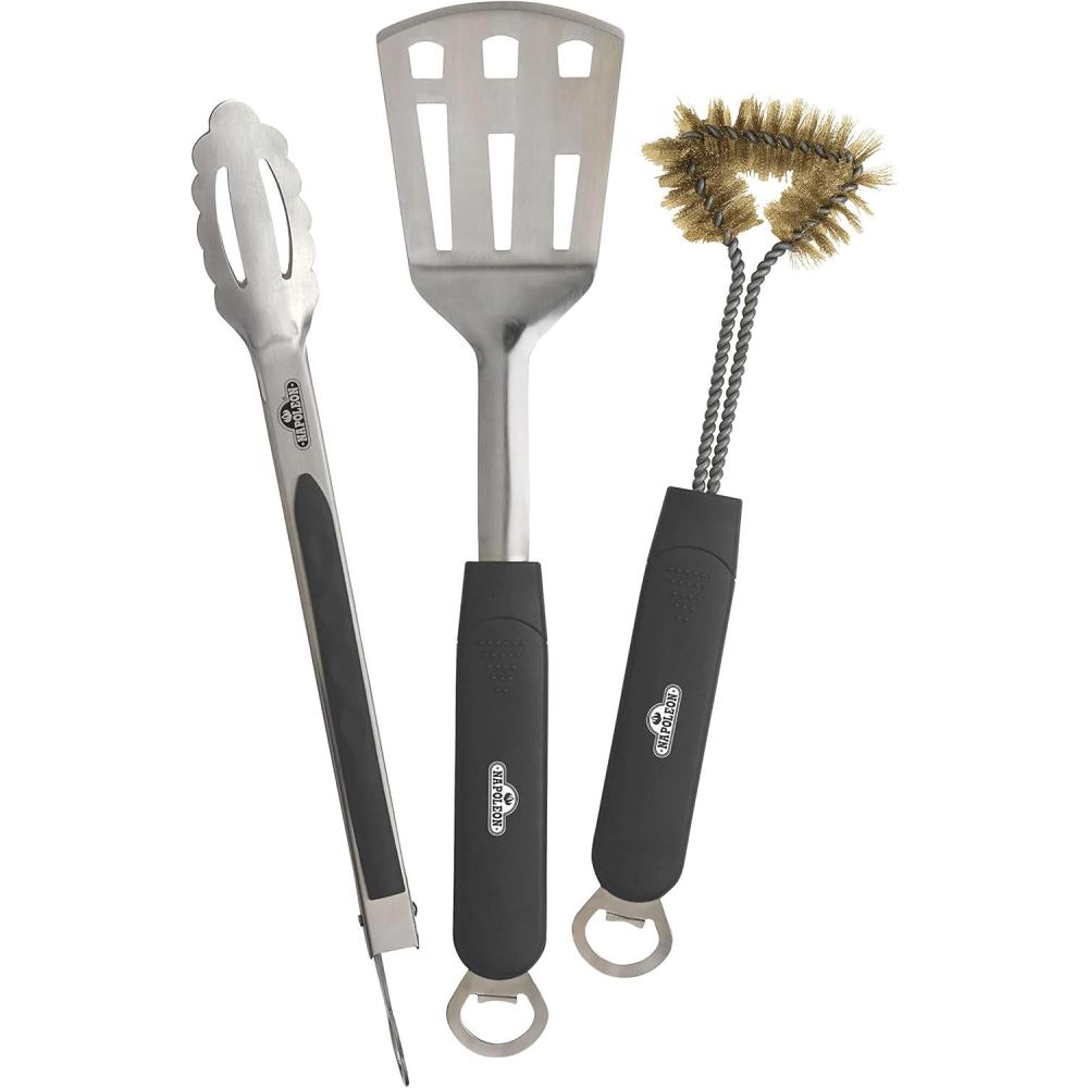 image:imageNapoleon 3 Piece Stainless Steel BBQ Toolset 70024 Sturdy Stainless Steel Spatula Tongs Brass BBQ Cleaning Brush Heat Resistant Handles Bottle Opener Tool Hanger Dishwasher Safe