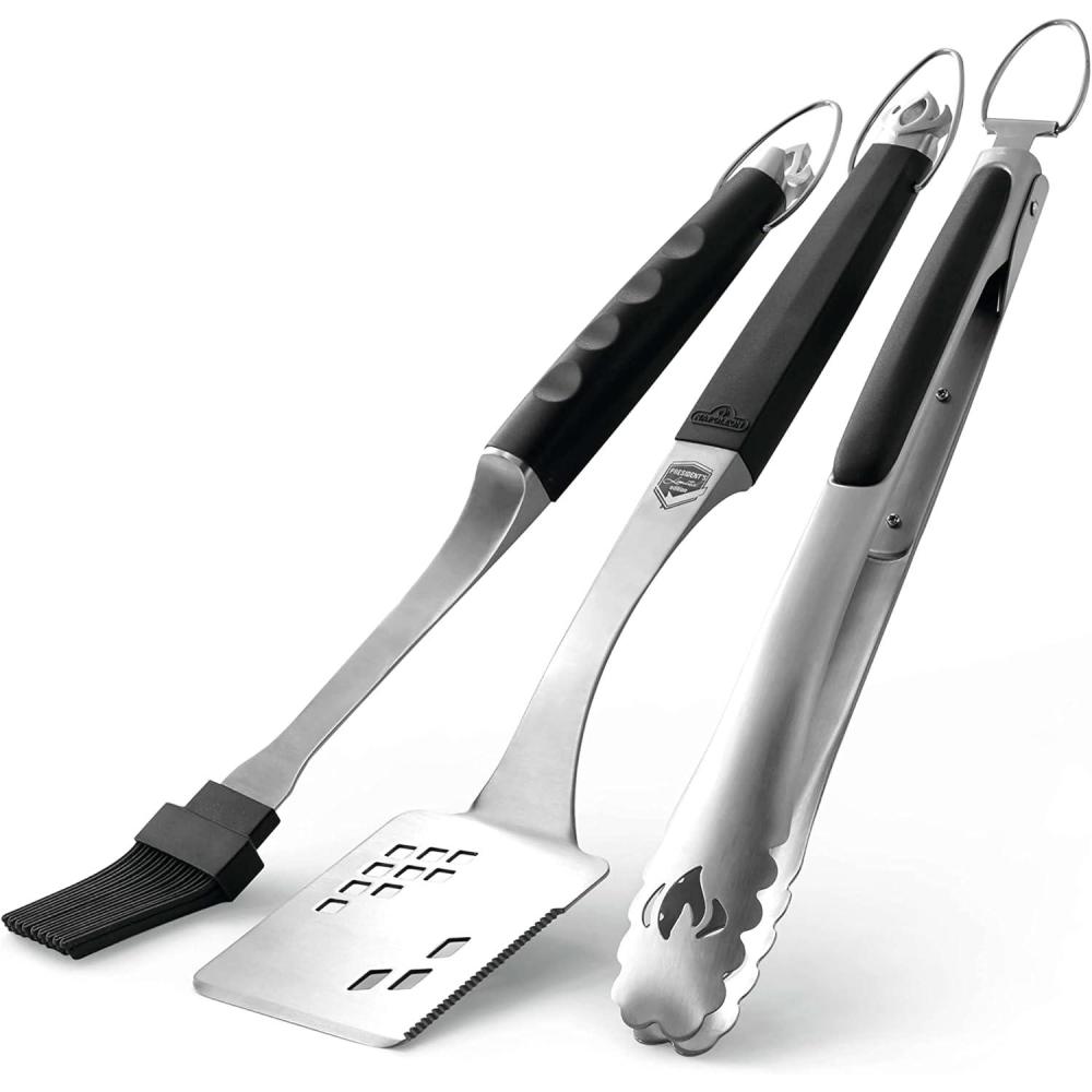 image:imageNapoleon Accessory 70036  Executive 3 Piece Toolset  Premium BBQ Grill Toolset Cast Stainless Steel Ergonomic Handles Heat Safe Rubber Grip Includes Tongs Multifunctional Spatula Basting Brush