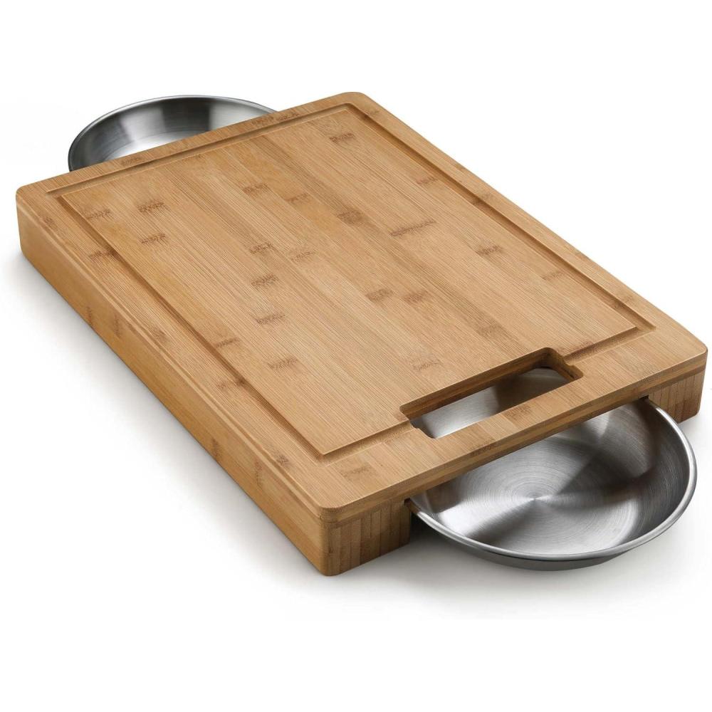 image:imageNapoleon PRO Bamboo Cutting Board with Stainless Steel Bowls 70012 Naturally Cutting Board with Two Stainless Steel Bowls Chopping and Carving MeatCutting Board