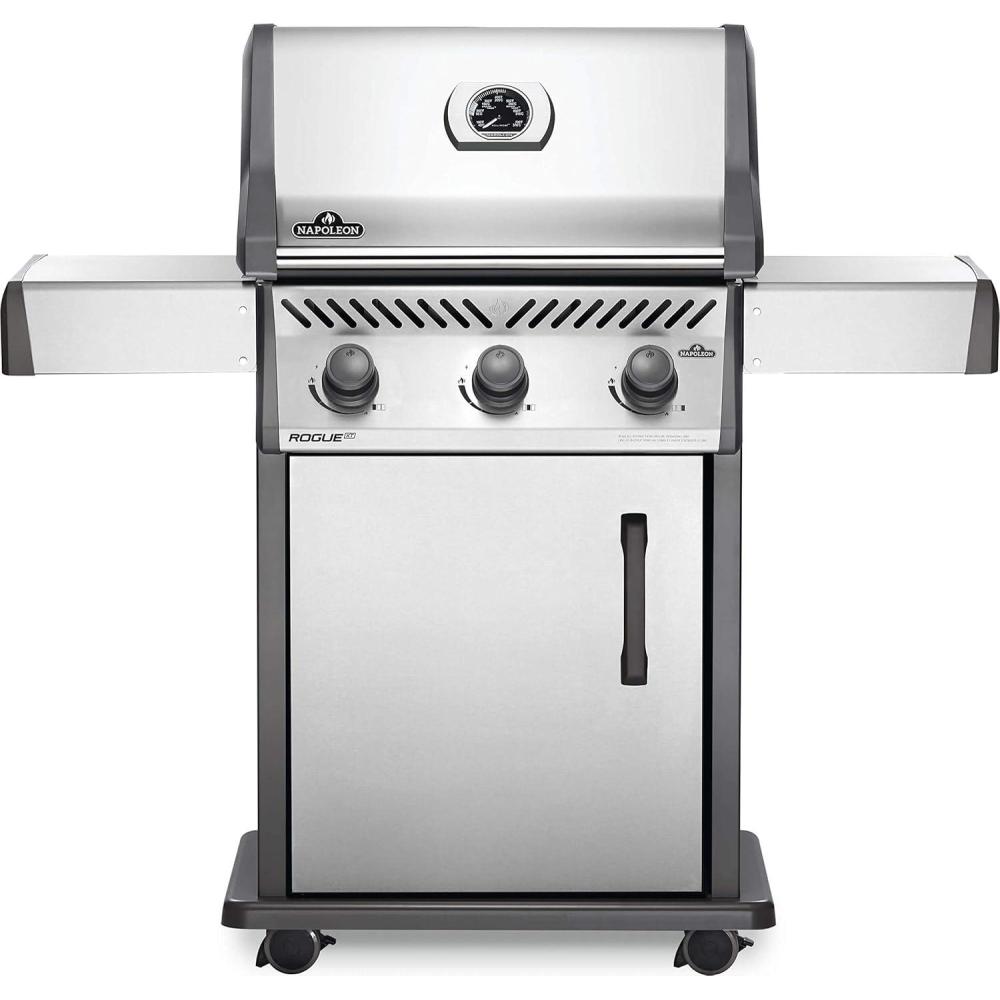image:imageNapoleon Rogue XT 425 BBQ Grill Stainless Steel Propane Gas  RXT425PSS1  With Three Burners Barbecue Gas Cart Folding Side Shelves Instant Failsafe Ignition