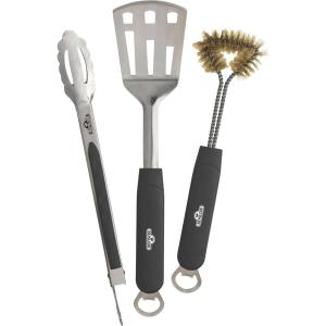 Napoleon 3 Piece Stainless Steel BBQ Toolset 70024 Sturdy Stainless Steel Spatula, Tongs, Brass BBQ Cleaning Brush, Heat Resistant Handles, Bottle Opener, Tool Hanger, Dishwasher Safe