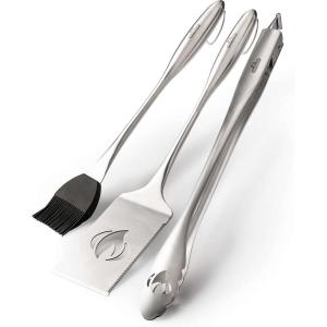 Napoleon PRO Stainless Steel 3 Piece Toolset – Stainless Steel, Ergonomic Handles, Hanging Loops, Includes Tongs, Multifunctional Spatula, Basting Brush